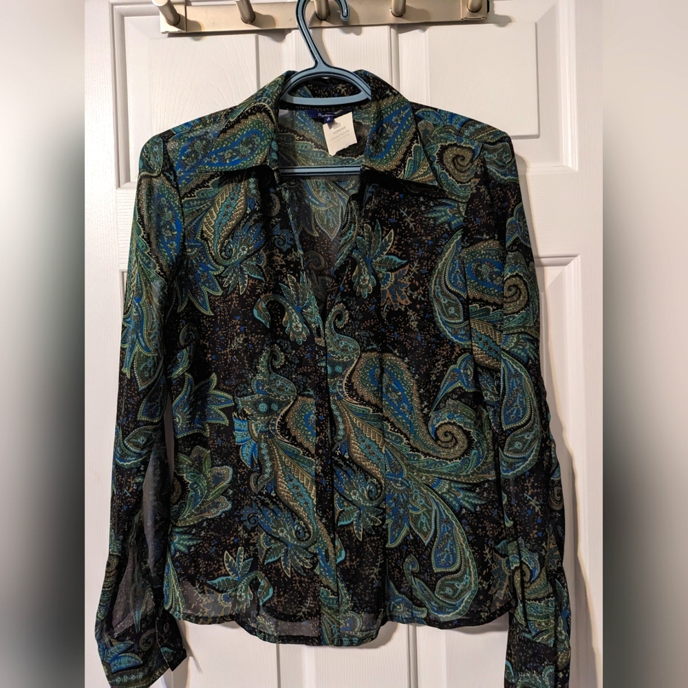 Reitmans Green and Black Floral Pattern Button Up Sheer Blouse